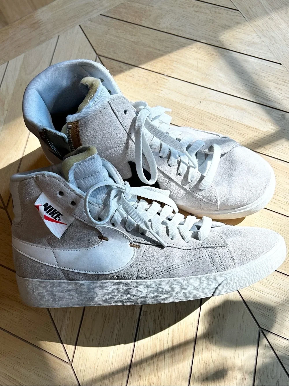 Nike Mid-Top Suede Sneakers in Light Gray with Black Swoosh and Tan Zipper